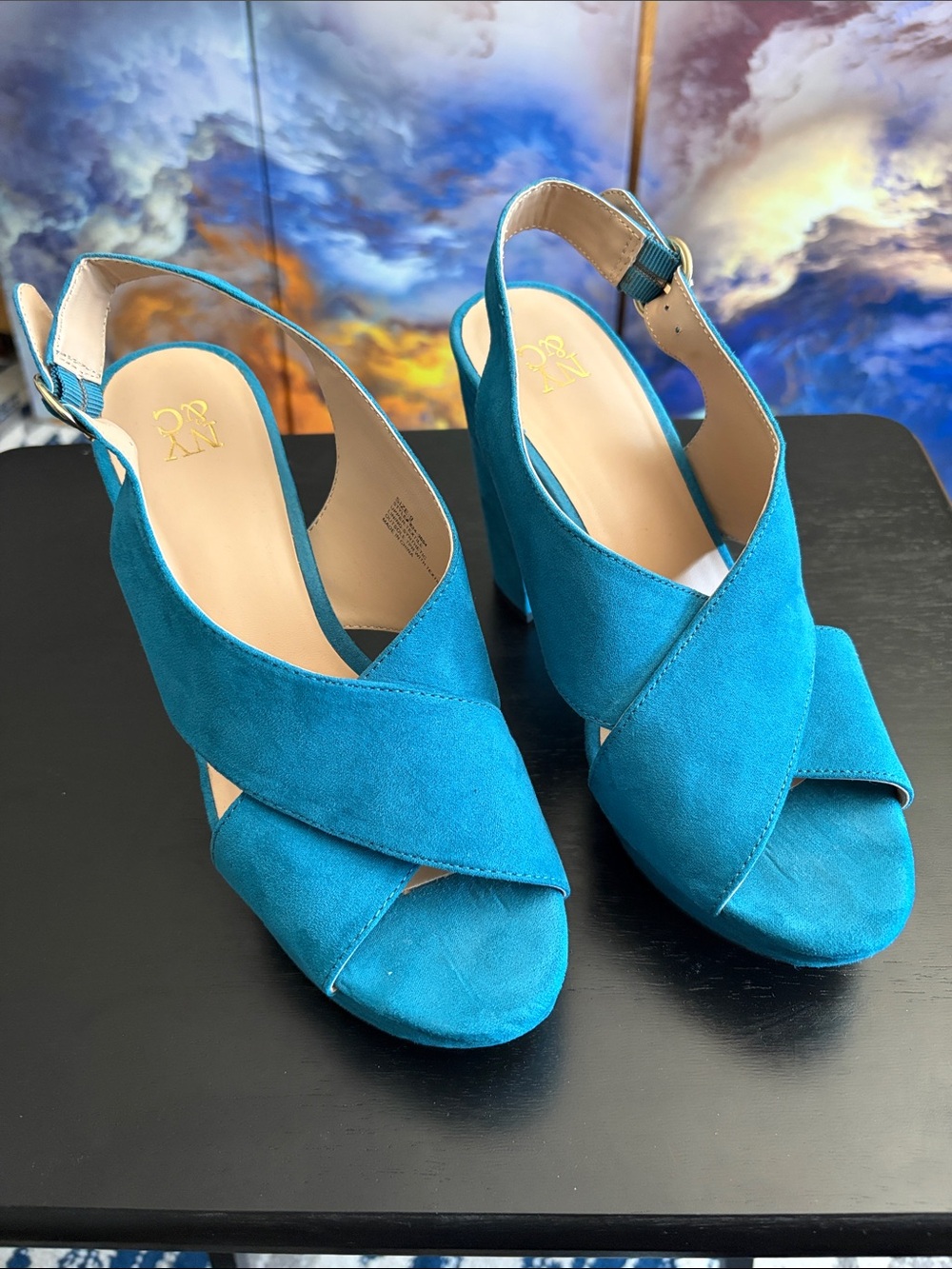 New York & Company Teal Suede Crisscross Slingback Platforms, Sz 9